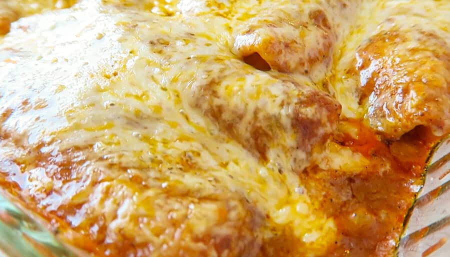 Easy baked red chicken enchiladas straight out of the oven