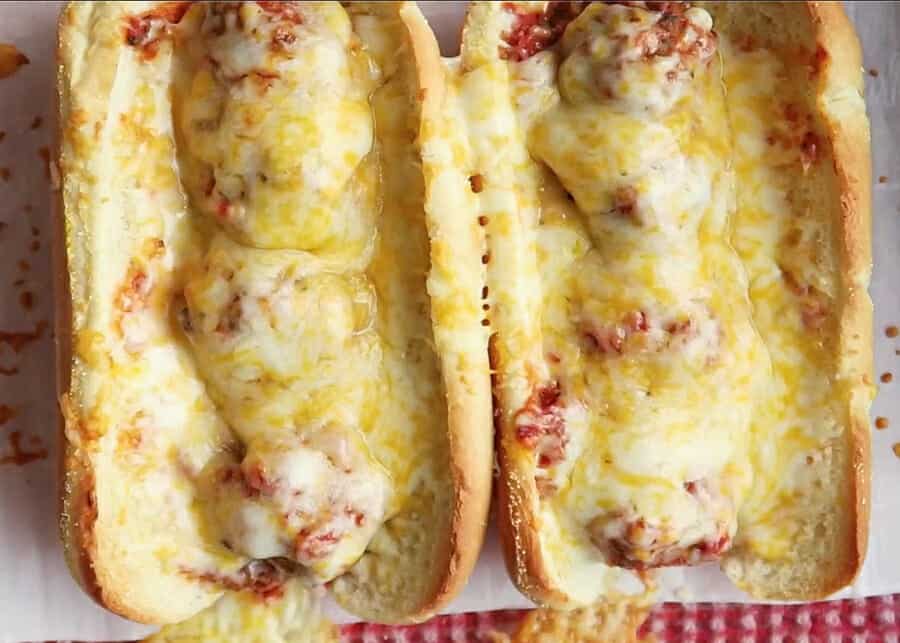 overhead shot of the best baked meatballs in a sub