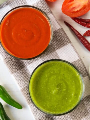 authentic mexican salsas, salsa roja and salsa verde, red hot sauce and green hot sauce