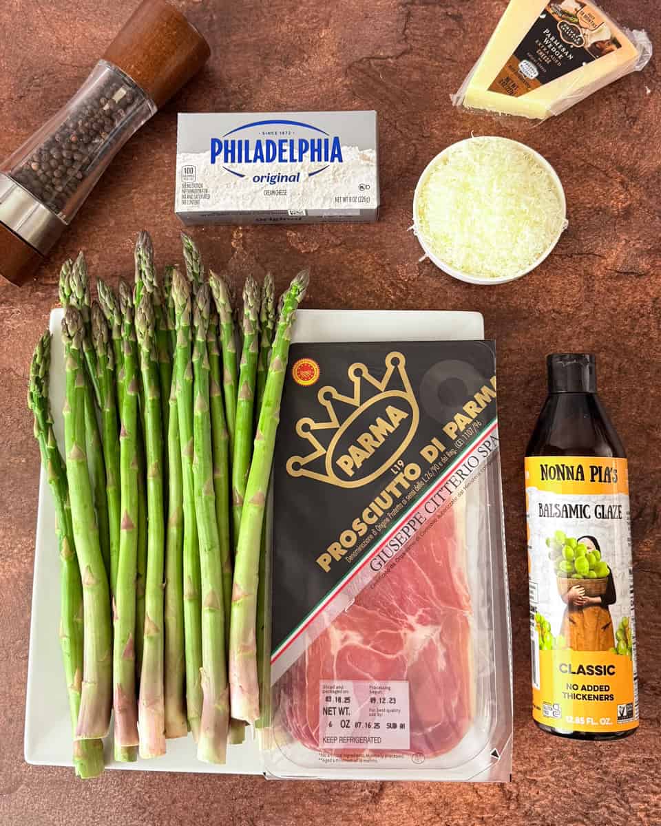 ingredients laid out for prosciutto wrapped asparagus with cream cheese